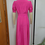 Puff Sleeves Short Sleeves Buttoned Solid Color Round-Neck Midi Dresses Shirt Dress