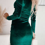 Velvet V-neck pleated fitted dress