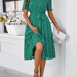 A-Line Elasticated Waist Contrast Color Polka Dot Split-Joint Tied Waist Round-Neck Midi Dresses