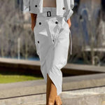 Work Style Lapel Long Sleeve Jacket and Button Belt Pocketed Slit Midi Skirt Set