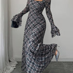 A-Line Flared Sleeves Contrast Color High-Waisted Plaid Square-Neck Maxi Dresses