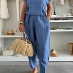 Leva Linen Blend Drawstring Short Sleeve Top and Elastic Waist Pocket Loose Tapered Pants