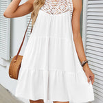A-Line Loose Hollow Pleated Solid Color Split-Joint Round-Neck Mini Dresses