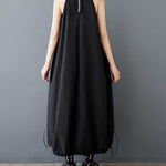 A-Line Loose Drawstring Pleated Pockets Solid Color Zipper Spaghetti-Neck Midi Dresses
