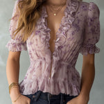 Romantic Lavender Puff-Sleeve Ruffled Floral Chiffon Blouse