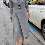 Jollie Knit Long Sleeve Front Slit Midi Sweater and Pleated Tulle Stretch Tank Midi Dress Two-piece Set