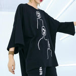 Embroidered Black&White Loose Round-Neck T-Shirt