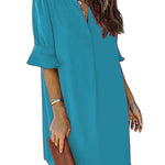 A-Line Flared Sleeves Pleated Ruffled Solid Color Split-Joint V-Neck Mini Dresses