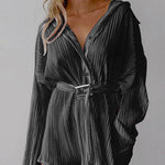 Long Sleeves Buttoned Pleated Solid Color Tied Waist Lapel Mini Dresses Shirt Dress