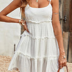 A-Line Loose Jacquard Layered Pleated Solid Color Split-Joint Spaghetti-Neck Mini Dresses