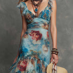 Boho-Vintage Elegant Floral Chiffon Ruffle Maxi Dress