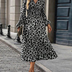 Elasticated Waist High Waisted Contrast Color Leopard Pleated Split-Joint V-Neck Maxi Dresses
