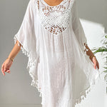 Batwing Sleeves Loose Hollow Solid Color Sun Protection Tasseled Round-Neck Cover-Ups Tops Midi Dresses