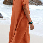 Summer loose casual cotton and linen solid color round neck short-sleeved mid-length dress