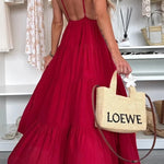 Bohemian Style V-neck Backless Slip Layered Vacation Maxi Dress