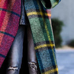 Loose Three-Quarter Sleeves Contrast Color Plaid Split-Joint Lapel Outerwear Windbreakers Woolen Coat