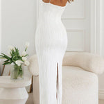 Bodycon Sleeveless Pleated Solid Color Split-Back Split-Joint Zipper Spaghetti-Neck Maxi Dresses
