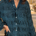 WOMEN'S SHIRRED VELVET BUTTON DOWN TOP