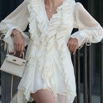 A-Line High Waisted Ruffle Trim Solid Color Tied V-Neck Mini Dresses