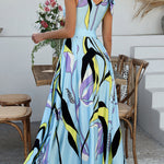 A-Line High Waisted Bowknot Contrast Color Pleated Printed Split-Joint Zipper V-Neck Maxi Dresses