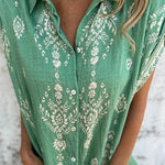 Linen Blend Unique Print Lapel Casual Pocket Mini Dress
