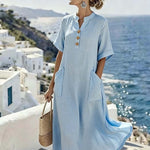 Women'S Casual Solid Color Button-Down Dress With Pockets