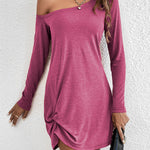 Casual Loose Long Sleeves Solid Color One-Shoulder Mini Dresses