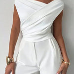 Short Sleeves Skinny Asymmetric Pleated Solid Color Split-Joint Asymmetric Neckline T-Shirts Tops