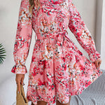 A-Line High Waisted Elasticity Flower Print Pleated Tied Waist Stand Collar Mini Dresses