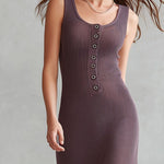 Quiet Luxury Mist Purple Ribbed Knit Midi Dress With Flare Hem