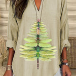 Women's Casual Watercolor Dragonfly Tree Cotton Blend Print T-shirt