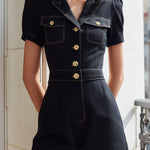 Tailored Button-Front Denim Short Jumpsuit With Short Sleeves