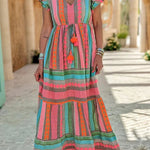 Sunlit Magic Linen Blend Ethnic Print Ruffle Sleeve Tassel Maxi Dress