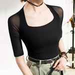 Simple Solid Color Square-Neck Half Sleeves Shirt