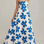 A-Line High Waisted Backless Contrast Color Flower Print Split-Joint Spaghetti-Neck Maxi Dresses