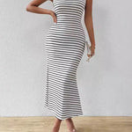 Bodycon Sleeveless Split-Joint Striped U-Neck Midi Dresses