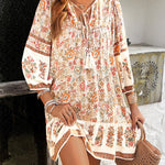 A-Line Loose Contrast Color Drawstring Flower Print Pleated Split-Joint V-Neck Mini Dresses