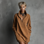 Women's V-neck Suede Embossed Long-sleeved Casual Dress