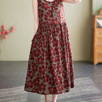 Loose Oversize Drawstring Floral Printed Round-Neck Midi Dresses