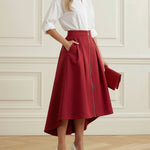 A-Line High-Low Pleated Pockets Solid Color Zipper Skirts Bottoms