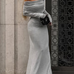 Long Sleeves Skinny Pleated Solid Color Split-Joint Off-The-Shoulder Evening Dresses Maxi Dresses