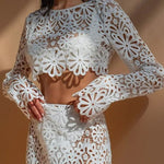 Balmy Summers Crochet Lace Floral Pattern Long Sleeve Crop Vacation Top
