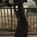Long Sleeves Skinny Pleated Polka-Dot Split-Joint Tube Maxi Dresses
