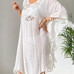 Batwing Sleeves Loose Hollow Solid Color Sun Protection Tasseled Round-Neck Cover-Ups Tops Midi Dresses