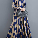 A-Line Long Sleeves Buttoned Pleated Polka-Dot Split-Joint Stand Collar Maxi Dresses Shirt Dress