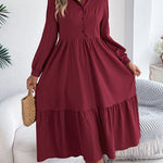 High Waisted Long Sleeves Pleated Ruffled Solid Color Lapel Midi Dresses Shirt Dress