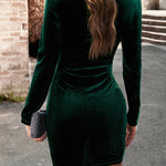 Bodycon High Waisted Pleated Solid Color Velvet Round-Neck Mini Dresses