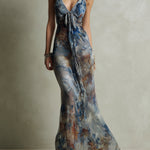 Vintage Holiday Floral Print Chiffon Maxi Dress With Tie-neck Detail