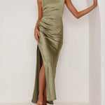 Sleeveless Pleated Solid Color Split-Joint Split-Side Spaghetti-Neck Midi Dresses