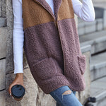 Hooded Sleeveless Colorblock Pocket Buttonless Mid-Length Cardigan Puff Velvet Jacket